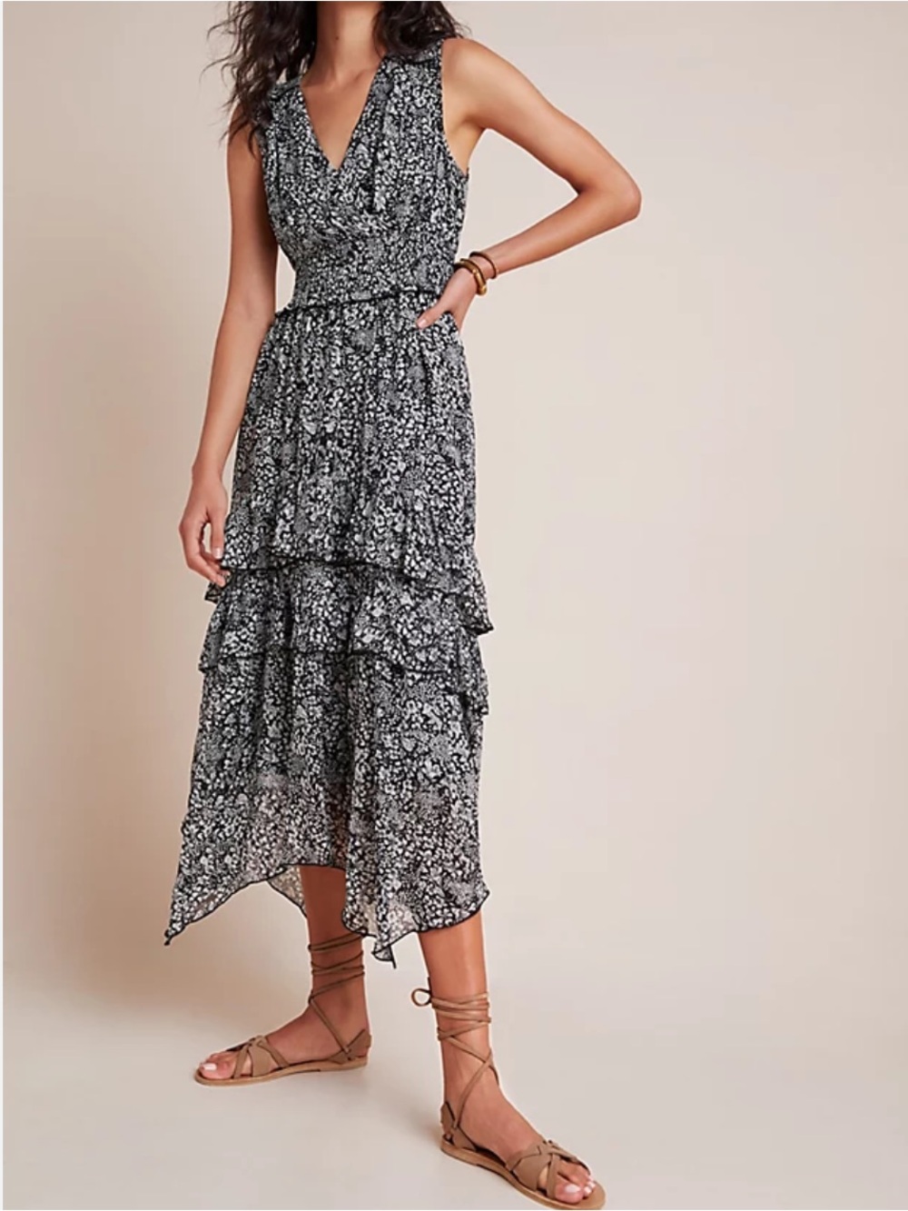 Anthropologie Black and White Floral High-Low Tiered Dress